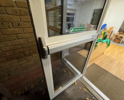 Fire exit door panic bar replacement by Windoor Maintenance Ltd at schools and nurseries in Wickford and Benfleet, Essex.